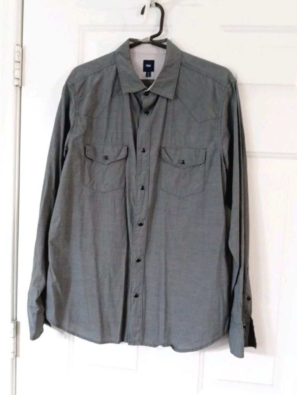 Gap Men's Medium Gray Micro Check Pearl Snap Long Sleeve Western Shirt